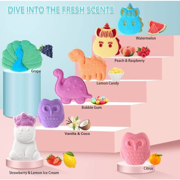 Kids Bath Bombs Set – Fun Shapes & Fresh Scents – Unicorn, Dinosaur, Owl - Picture 2 of 3